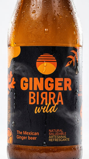 Botella de Ginger Birra Wild de cerca, bebida artesanal de jengibre